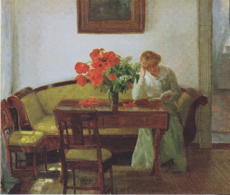 Anna Ancher Interior with poppies and reading woman Sweden oil painting art
